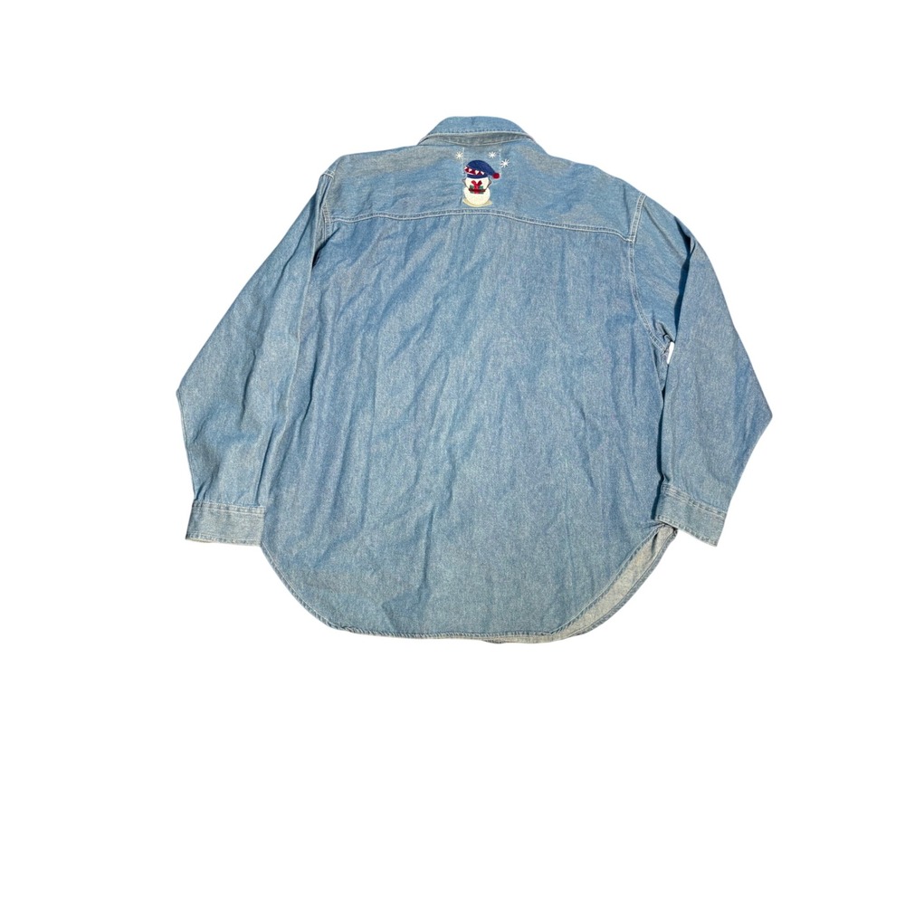 Womens Size 18 Denim Snowman Embroidered Button Up Shirt Blue Holiday Winter - Picture 8 of 9